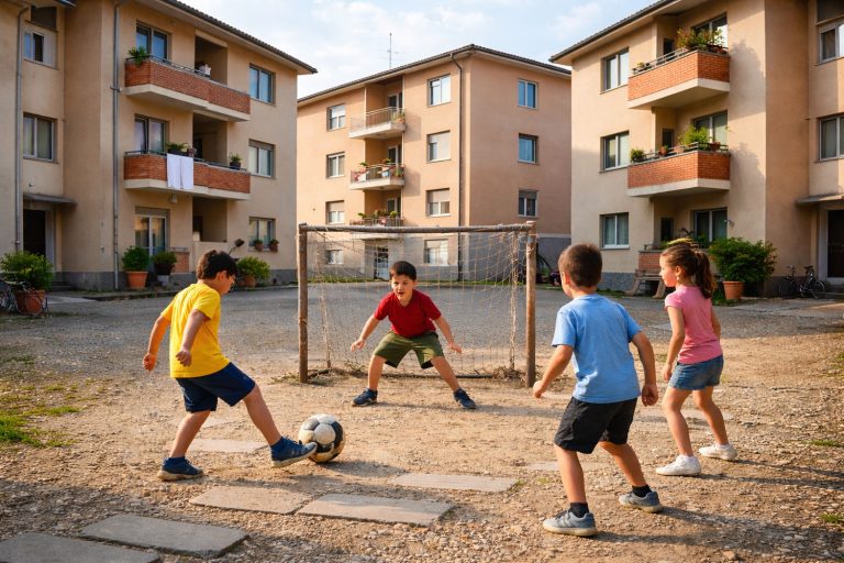 Bambini che giocano a pallone in un cortile sterrato tra palazzi anni ’80, simbolo del calcio autentico di una volta