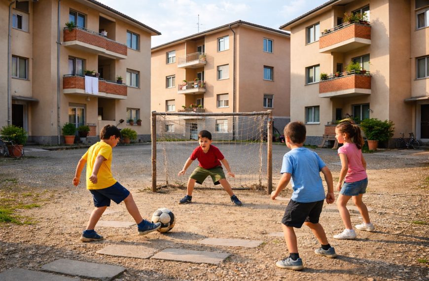 Bambini che giocano a pallone in un cortile sterrato tra palazzi anni ’80, simbolo del calcio autentico di una volta