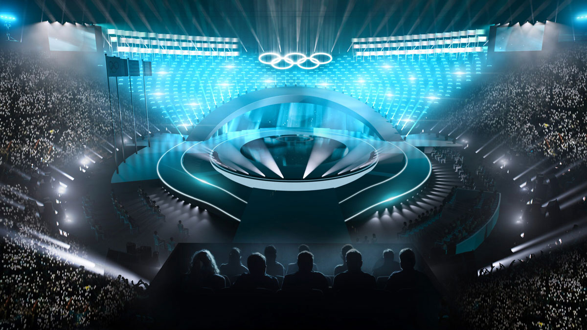 Cerimonia di chiusura delle Olimpiadi Invernali Milano-Cortina 2026 con palco centrale e anelli olimpici illuminati