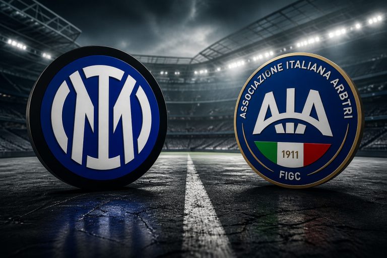 Stemma Inter e stemma AIA su sfondo stadio illuminato, tema Calciopoli e polemiche arbitrali