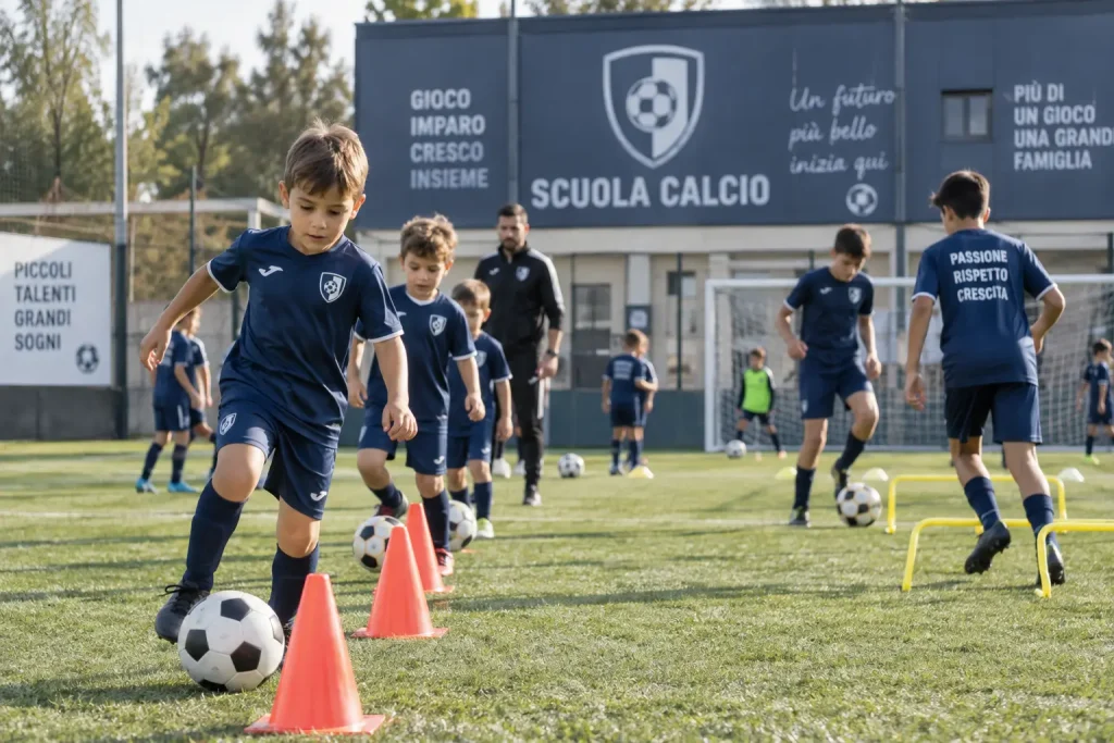 Bambini durante un allenamento in una scuola calcio