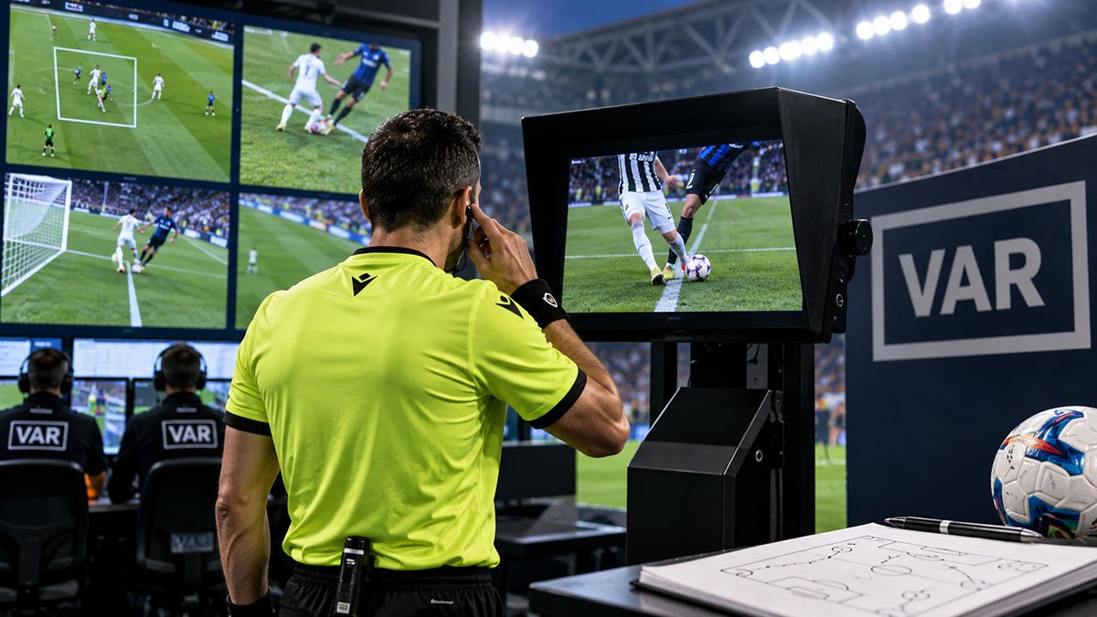 Nuove regole VAR nel calcio, arbitro al monitor durante una revisione