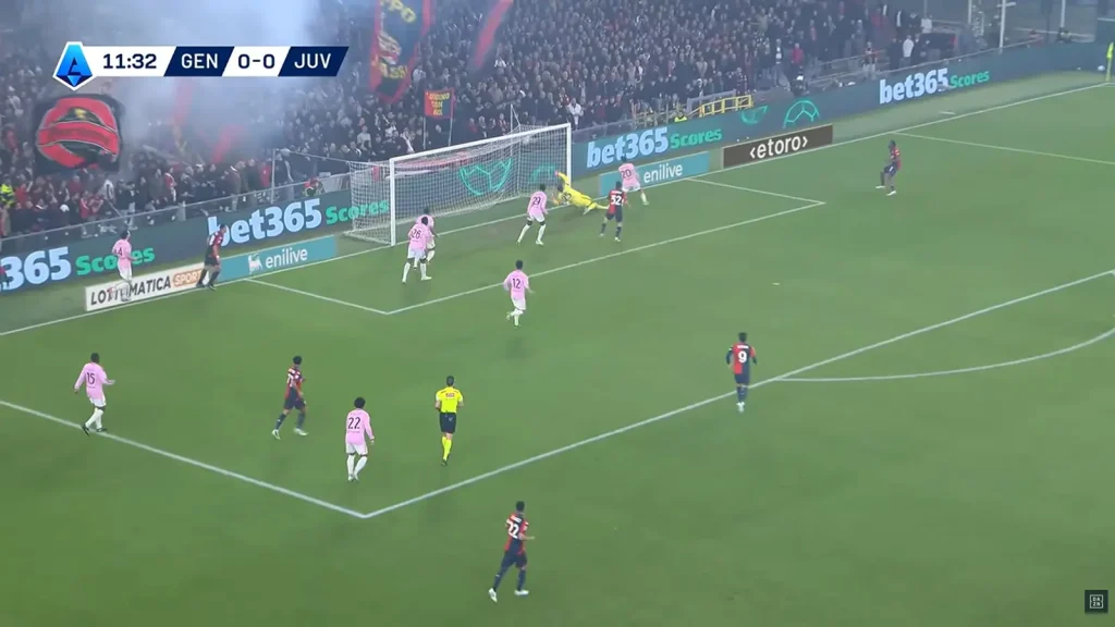 Azione offensiva del Genoa contro la Juventus con il portiere bianconero in tuffo durante una partita di Serie A.
